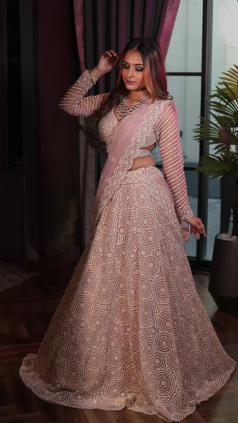 Mauve crop top lehenga in western design