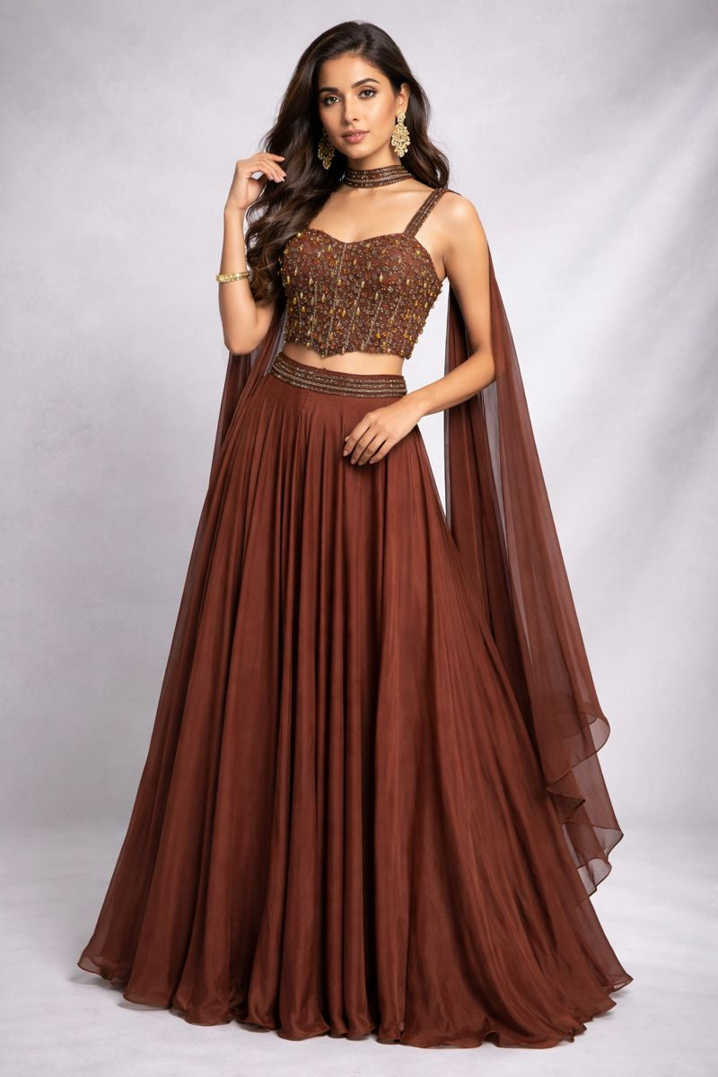 Cocoa Shimmer Lehenga Set Coffee / XXL
