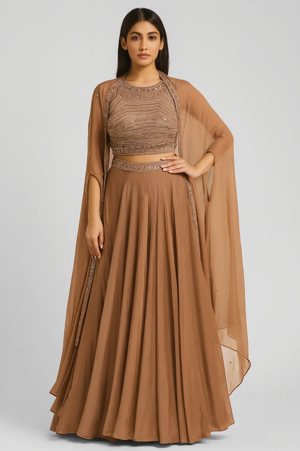 Mocha Brown Embellished Cape Lehenga Set Mocha Brown Embellished Cape Lehenga Set