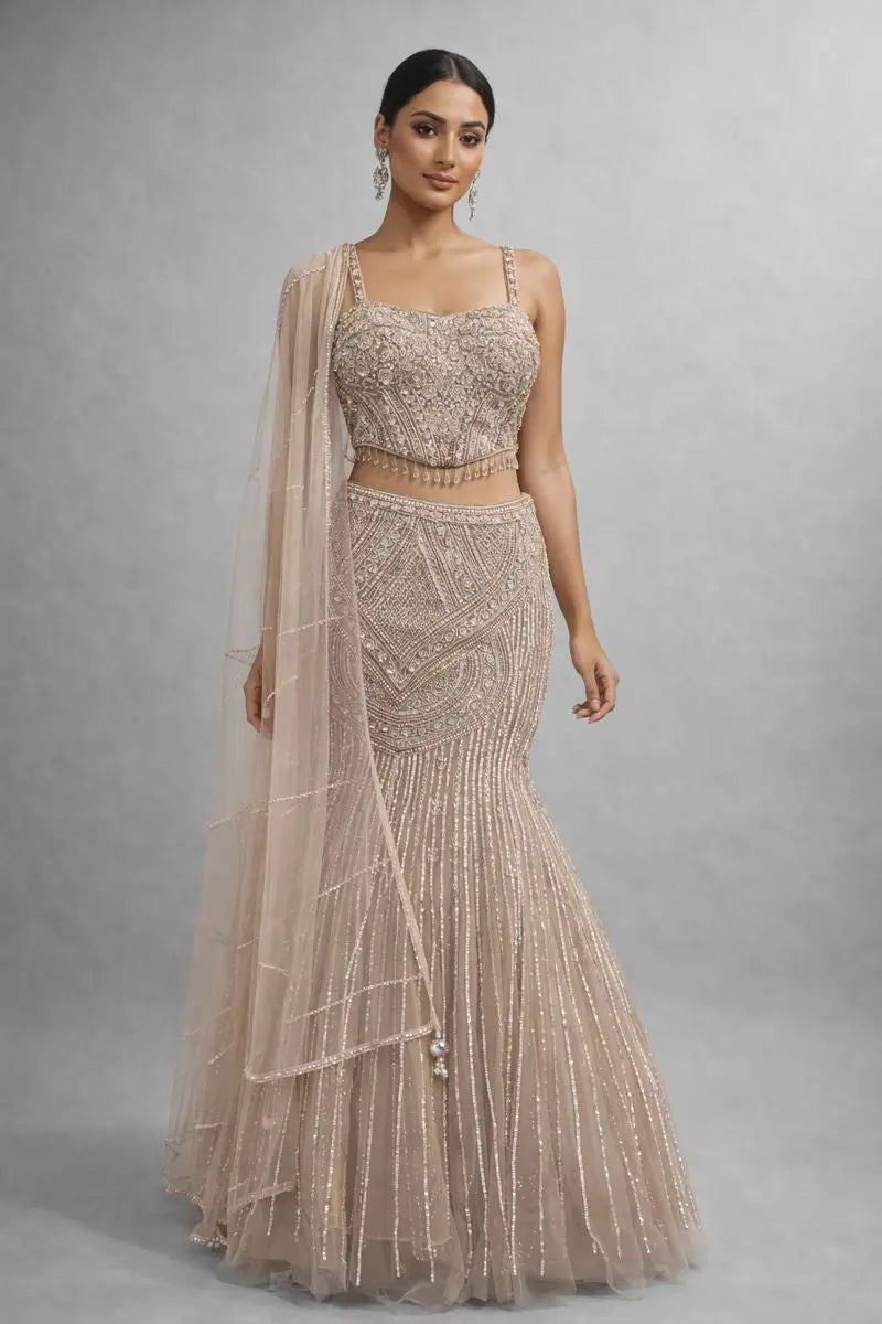 fitted lace wedding dress LAILA Wine Mermaid Lehenga Set main image 1