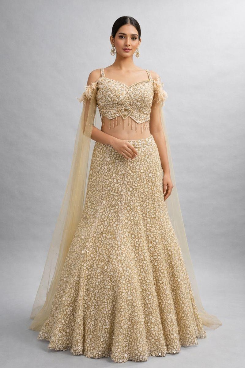 Champagne Feather Embellished Lehenga Set Beige Gold / L