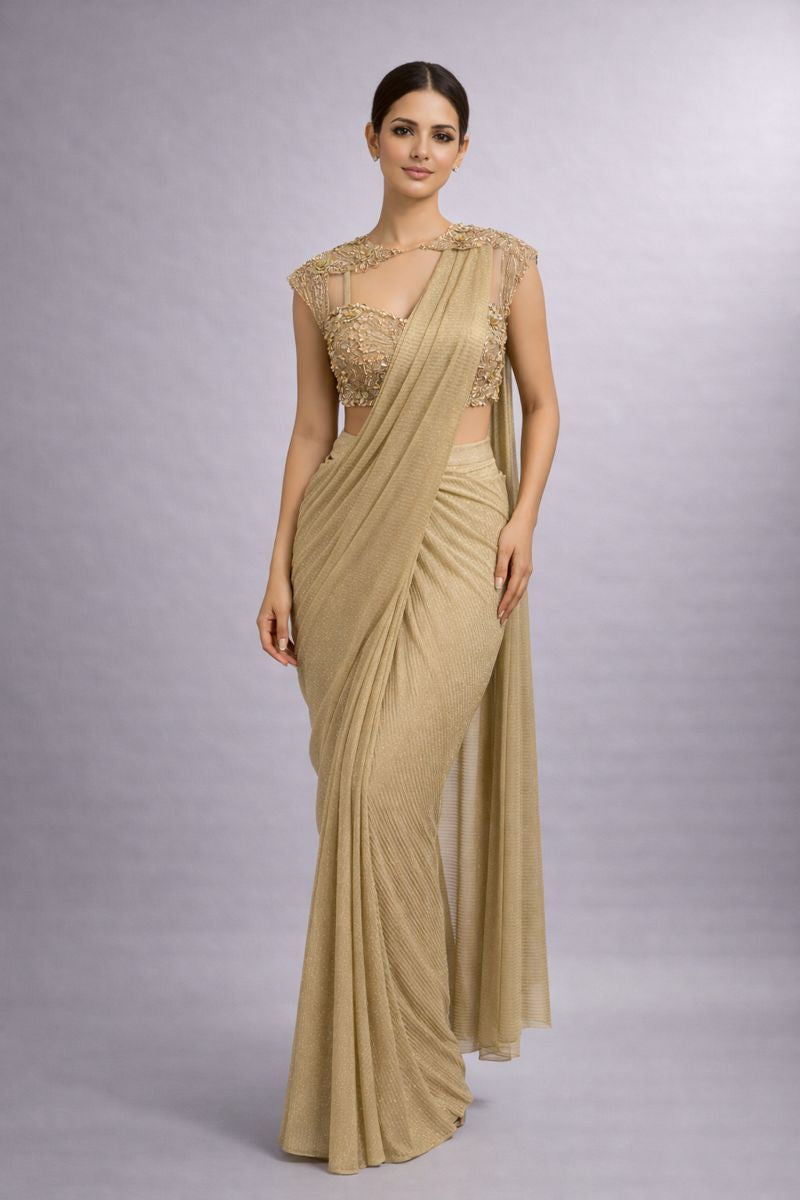 Gold Silk Embroidered Draped Saree L