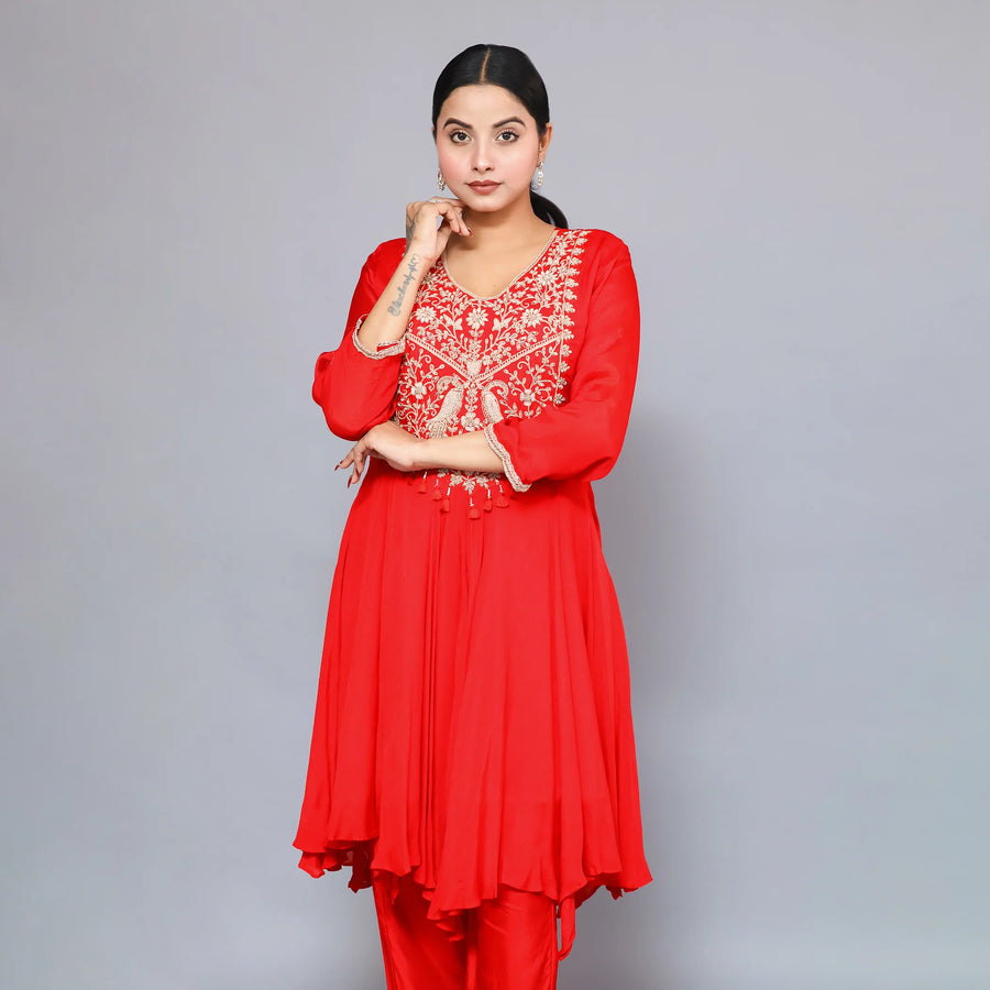 Red Crepe Suit with Pants