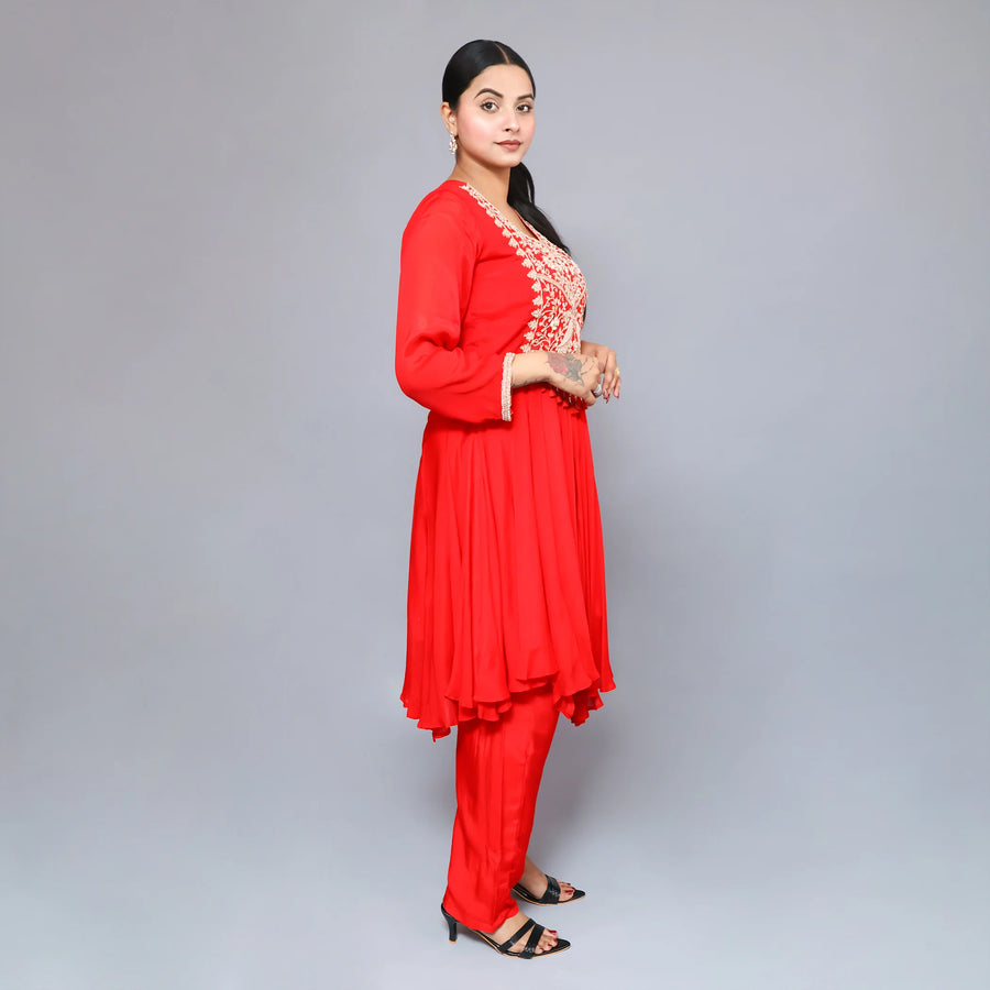 Red Crepe Suit with Pants