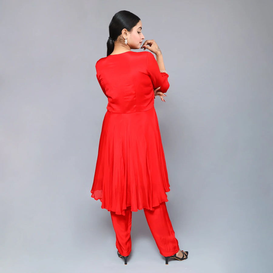 Red Crepe Suit with Pants