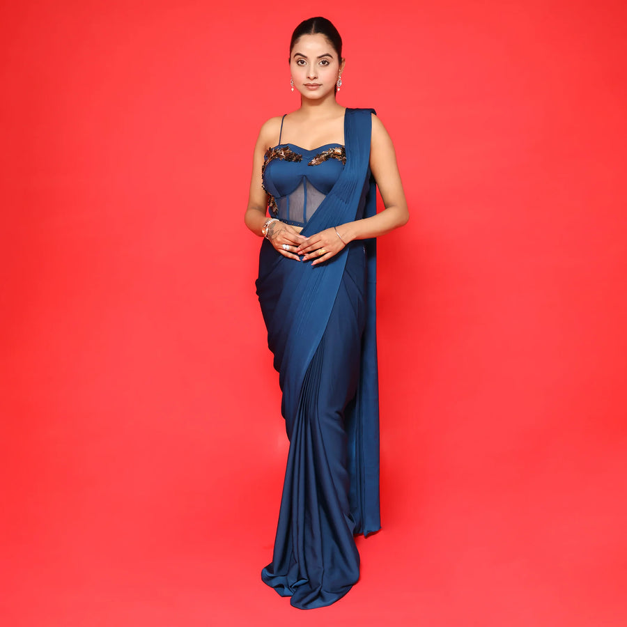 Glamour Peacock Blue Drape Saree