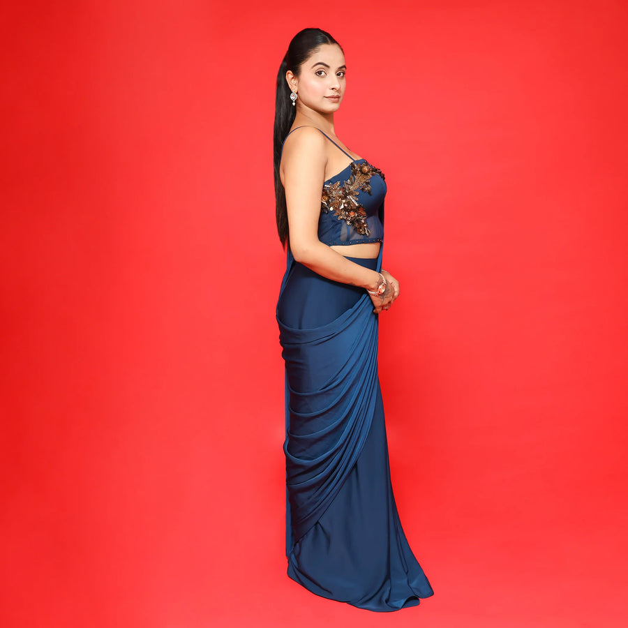 Glamour Peacock Blue Drape Saree