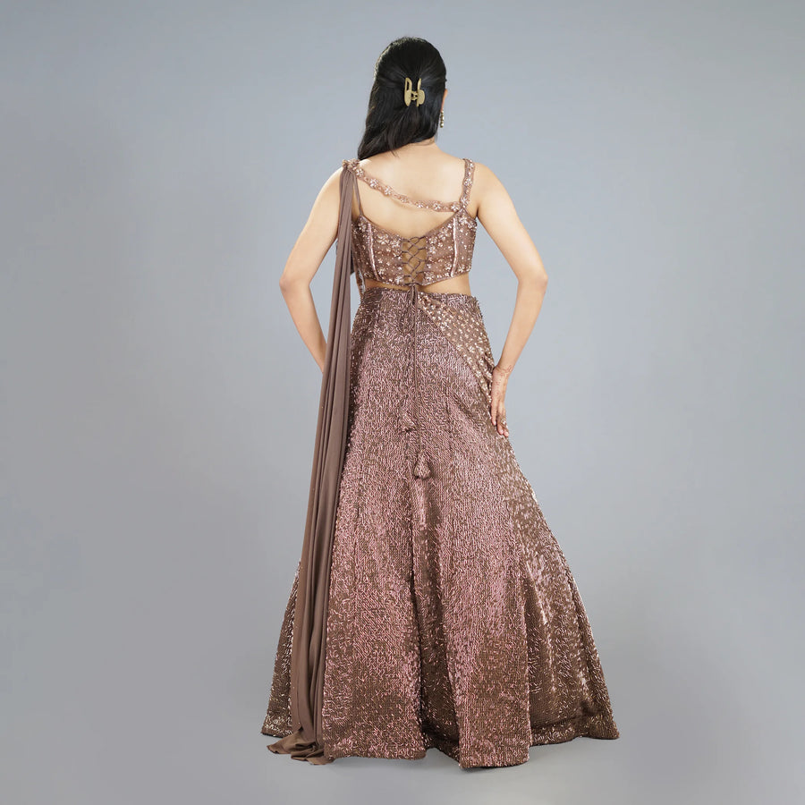 Indo Western Mermaid Crop Top Skirt with Attached Dupatta Vastrachowk