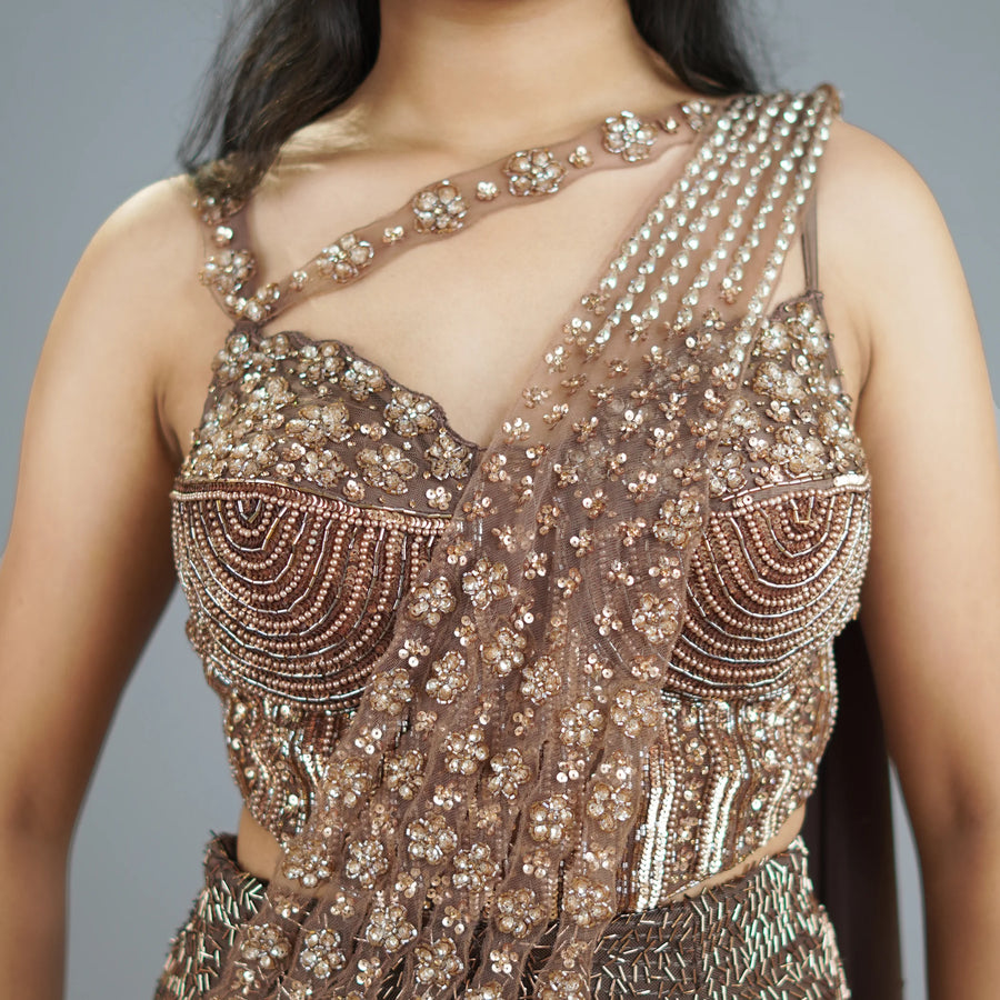 Indo Western Mermaid Crop Top Skirt with Attached Dupatta Vastrachowk