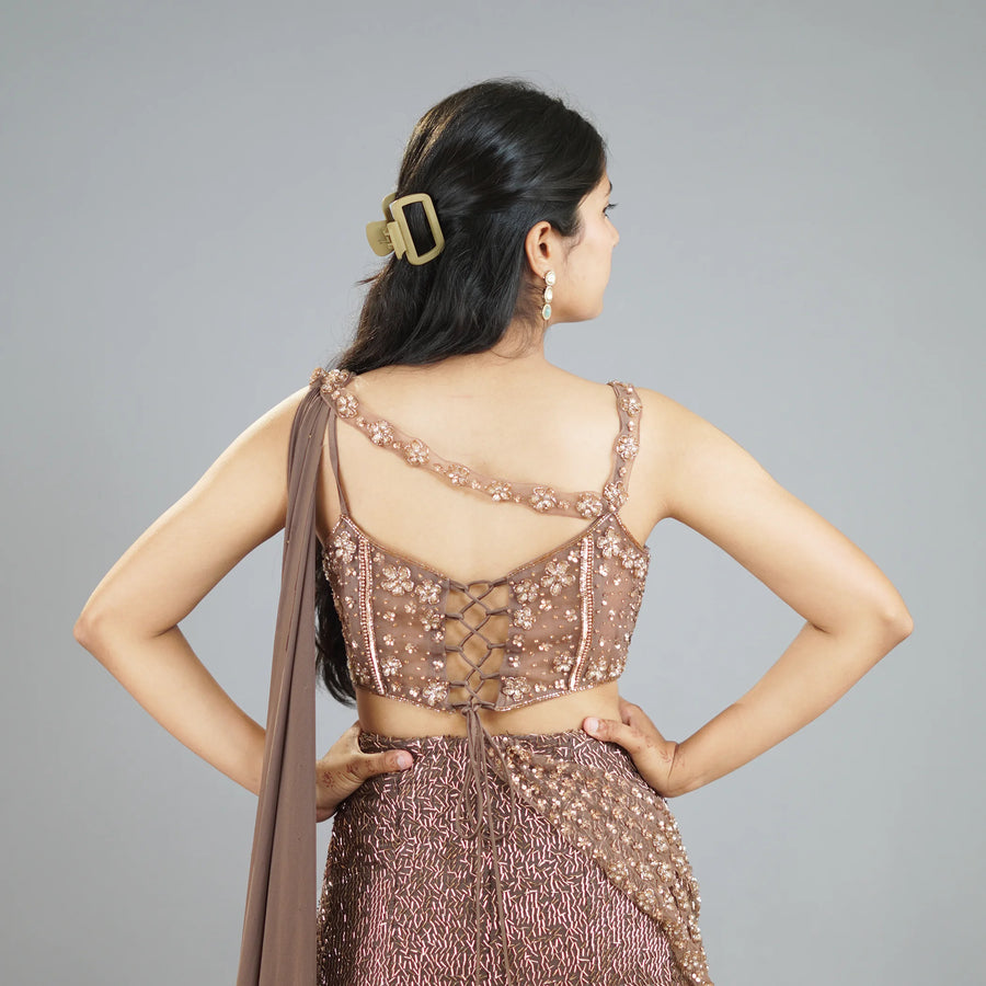 Indo Western Mermaid Crop Top Skirt with Attached Dupatta Vastrachowk