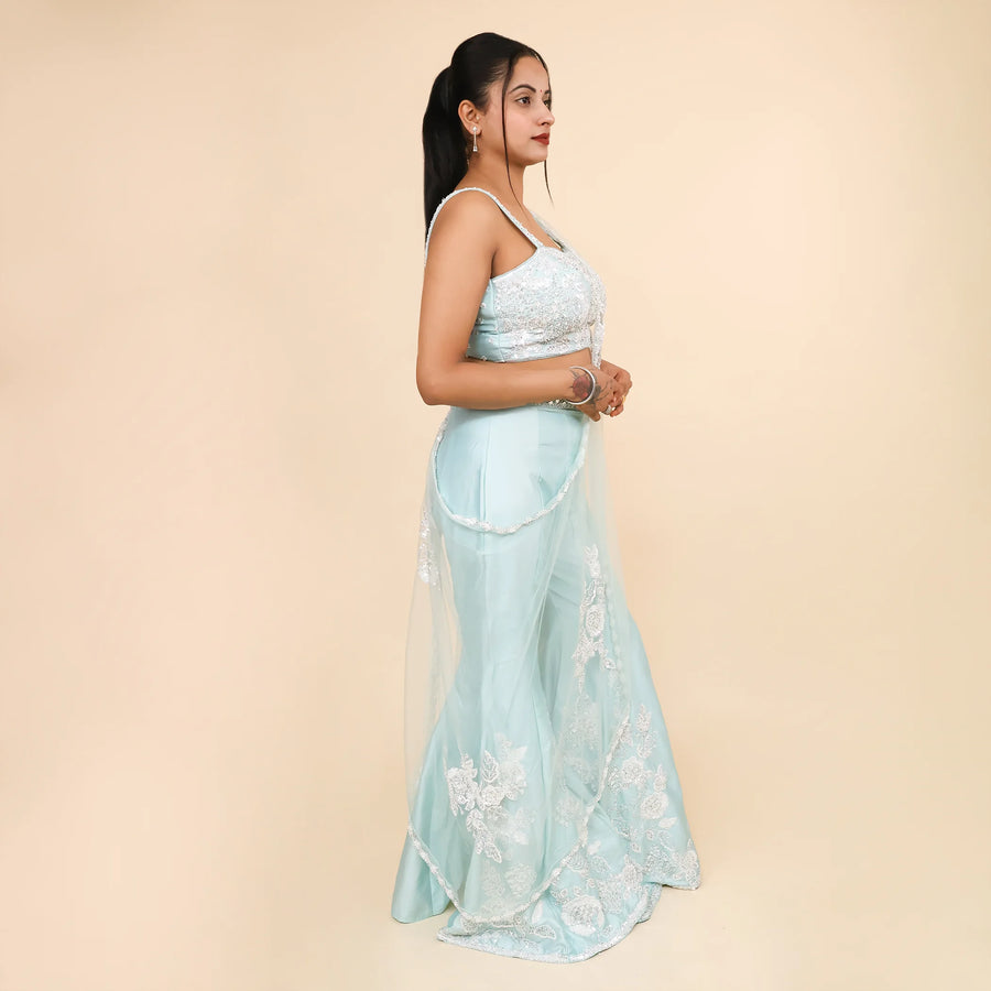 Sea Green Crop Top Sharara with Drape Dupatta- Vastrachowk
