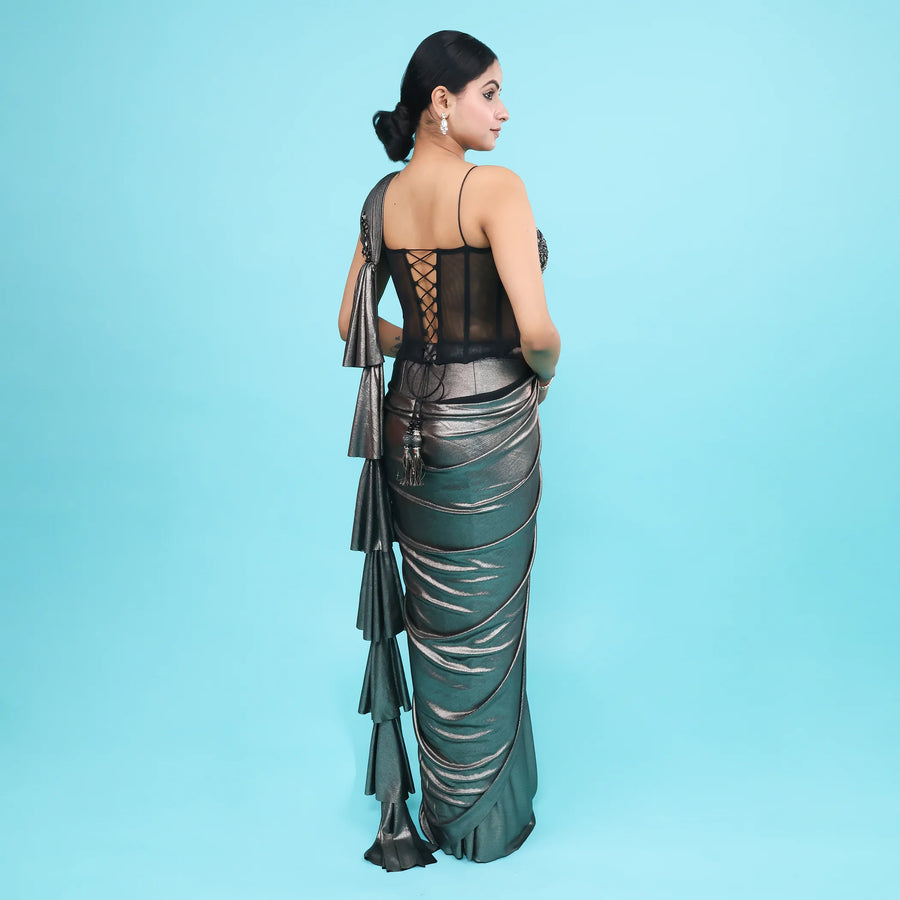 Western Crop Top Co-Ord Set in Drape Saree Style Vastrachowk