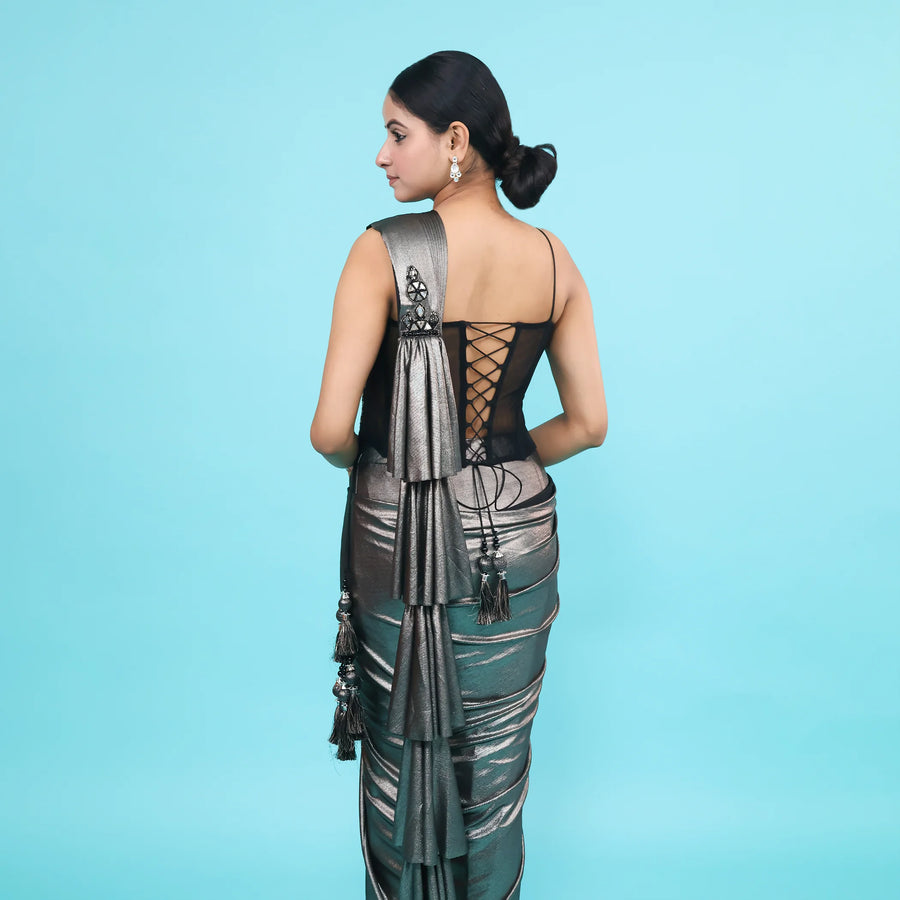 Western Crop Top Co-Ord Set in Drape Saree Style Vastrachowk