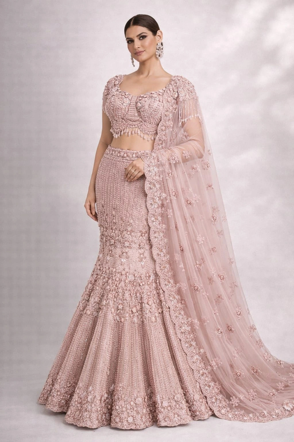Peach Embellished Mermaid Lehenga Set with Floral Work – vastrachowk