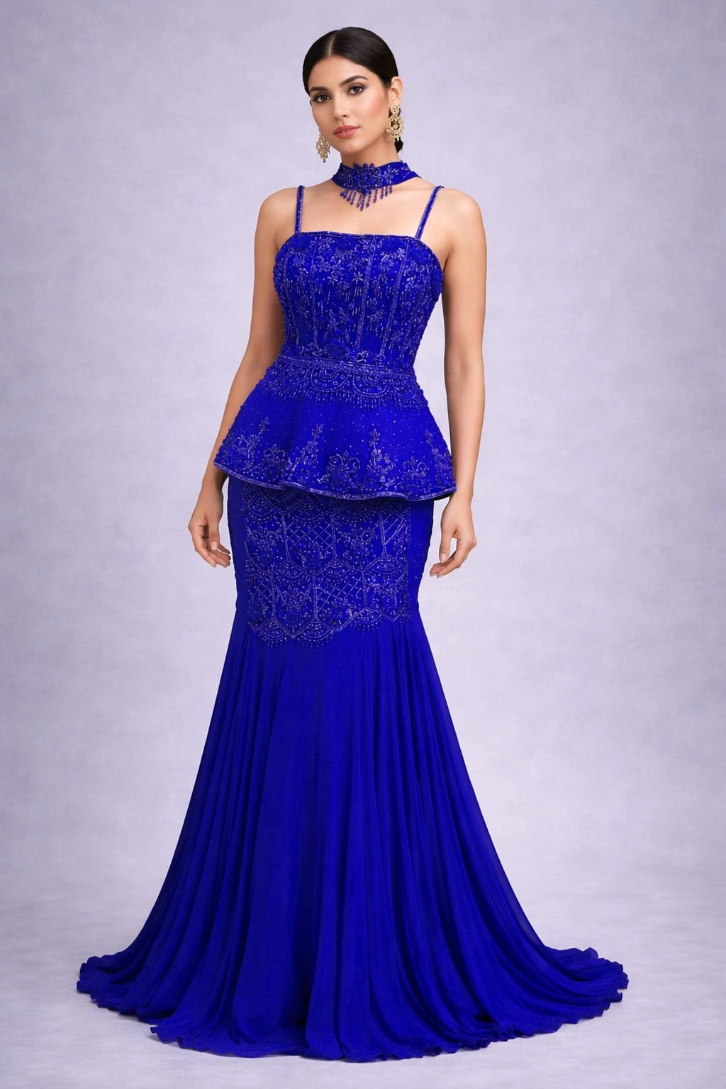 Royal Blue Embroidered Peplum Gown with Mermaid Silhouette – vastrachowk
