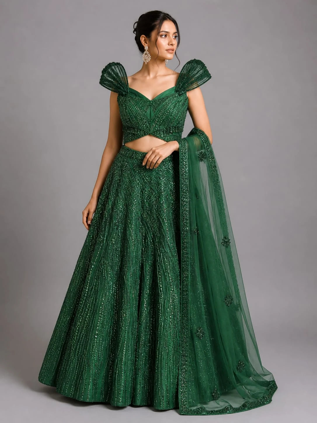 Bottle Green Elegant Flared Lehenga with Designer Blouse Bottle Green / M