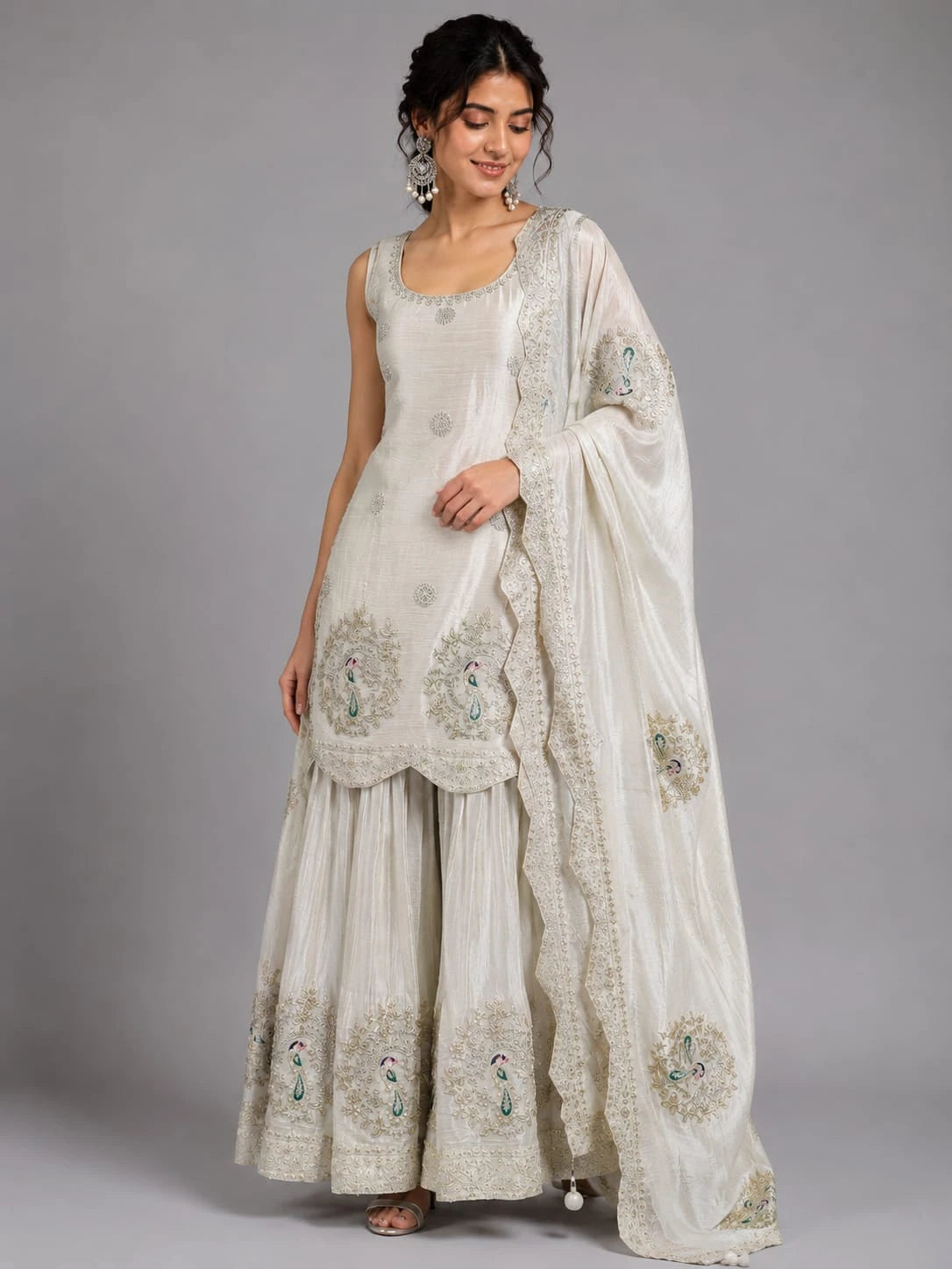 Cream Embroidered Kurta Sharara Set with Dupatta – vastrachowk