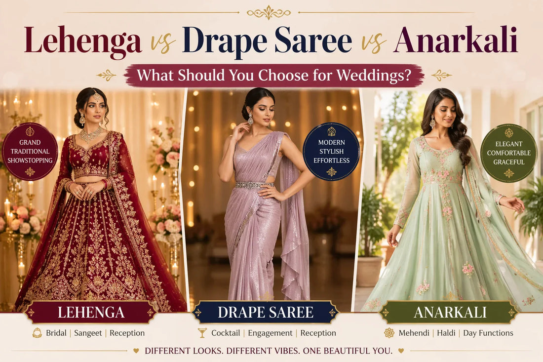 Lehenga vs Drape Saree vs Anarkali -Which Outfit Should You Wear At Weddings?
