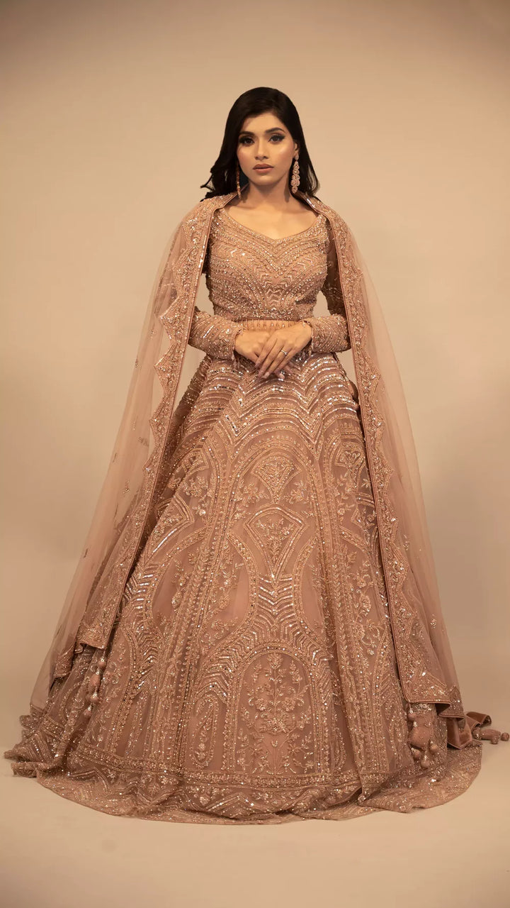 Lehenga in rose gold Indo western heavy crop top