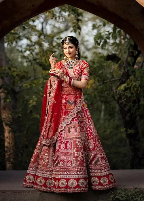 Traditional tomato red lehenga inspired by jodhpuri style