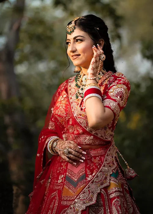 Traditional tomato red lehenga inspired by jodhpuri style