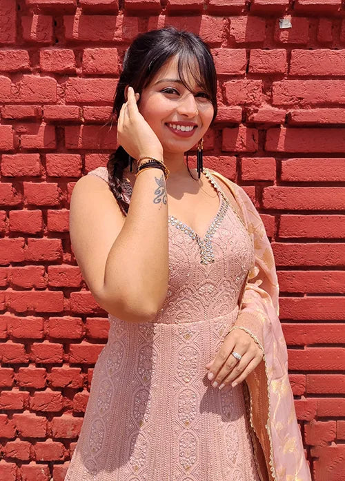 Peach chikankari anarkali suit