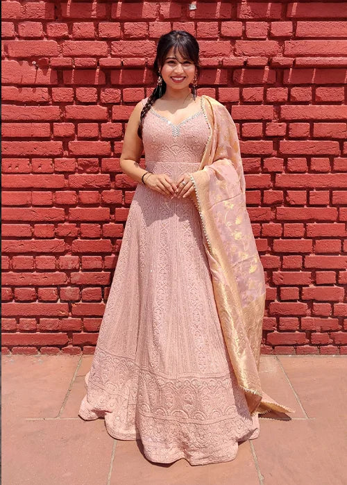 Peach chikankari anarkali suit