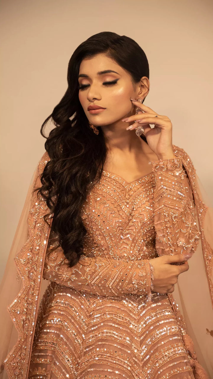 Lehenga in rose gold Indo western heavy crop top