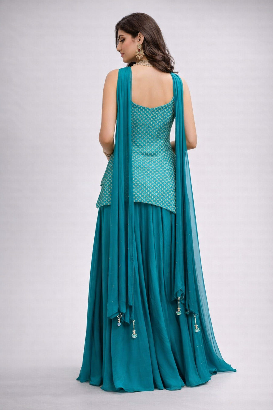 Teal Blue Bandhani Print Peplum Sharara Set with Mirror Work & Halter Choker Neck