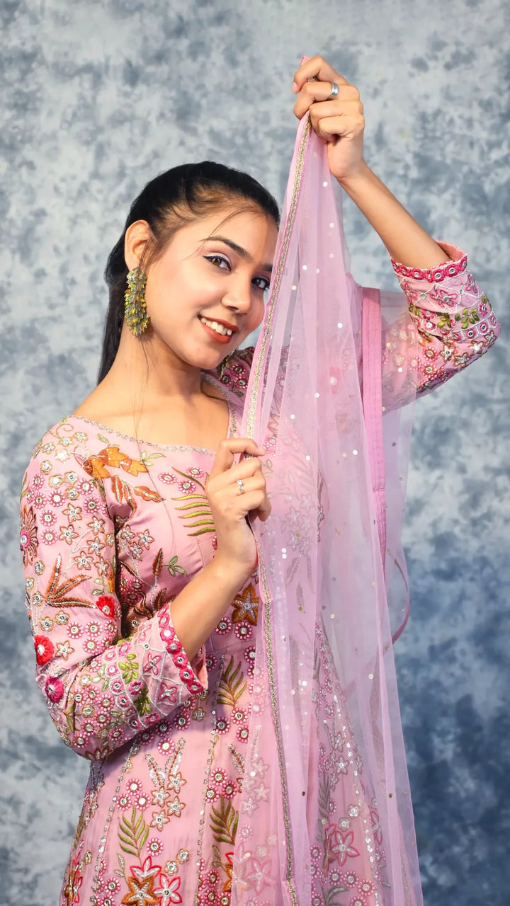Pink Indowestern Anarkali costume in Italian georgette for a party