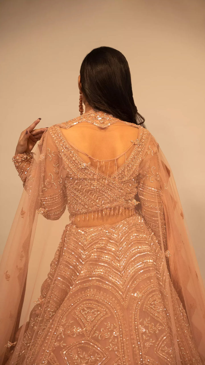 Lehenga in rose gold Indo western heavy crop top