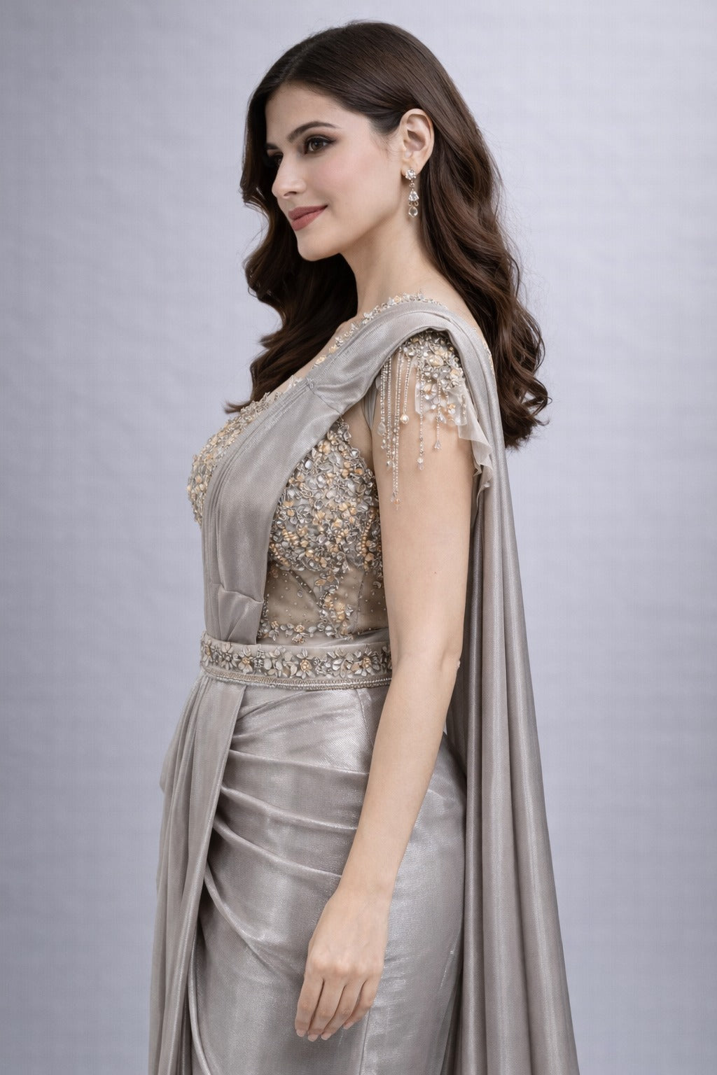 Metallic Silver Pre-Draped Saree