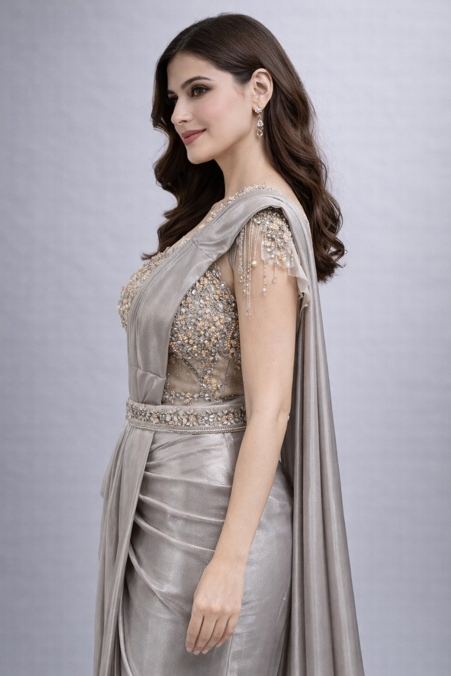 Metallic Silver Pre-Draped Saree