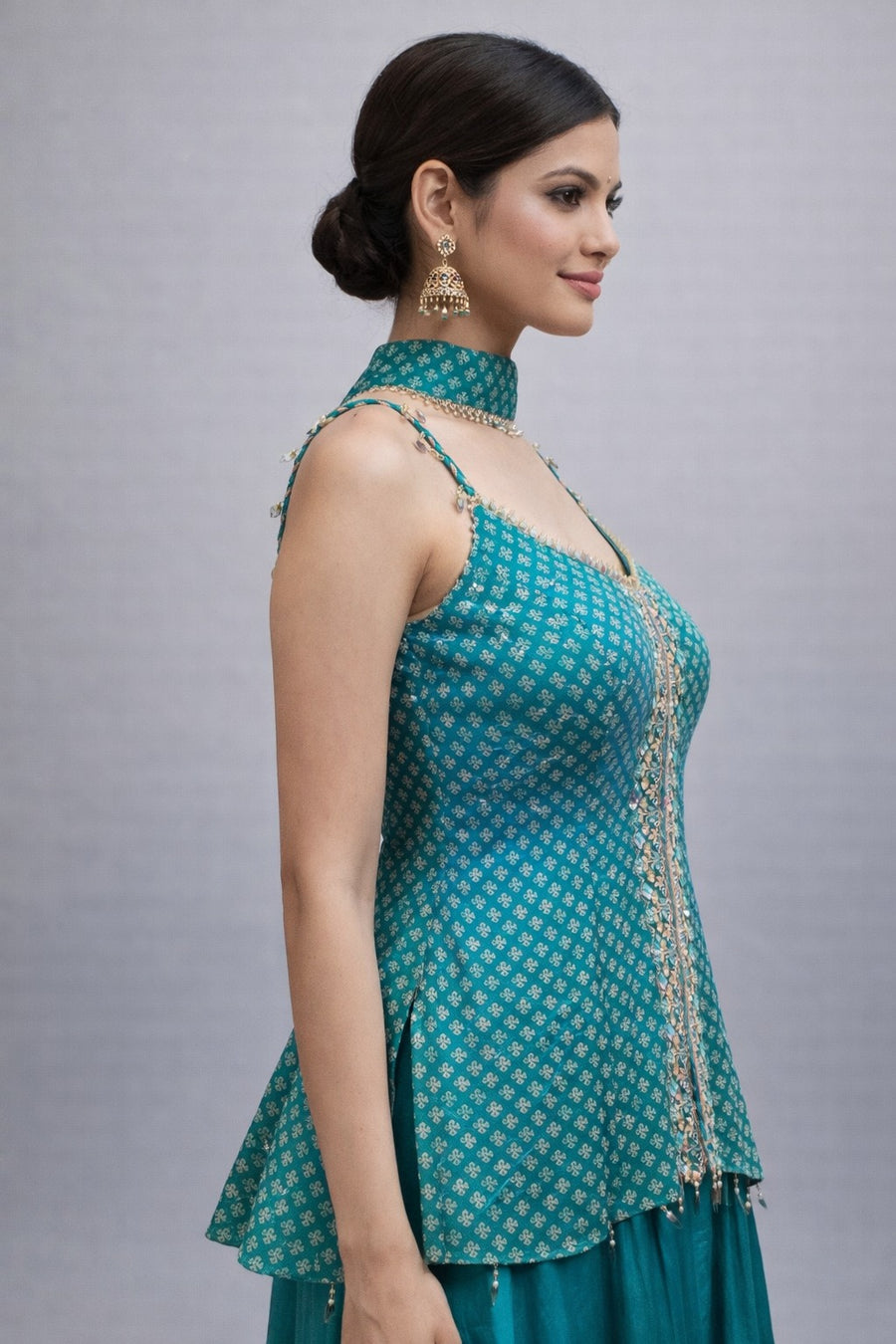 Teal Blue Bandhani Print Peplum Sharara Set with Mirror Work & Halter Choker Neck