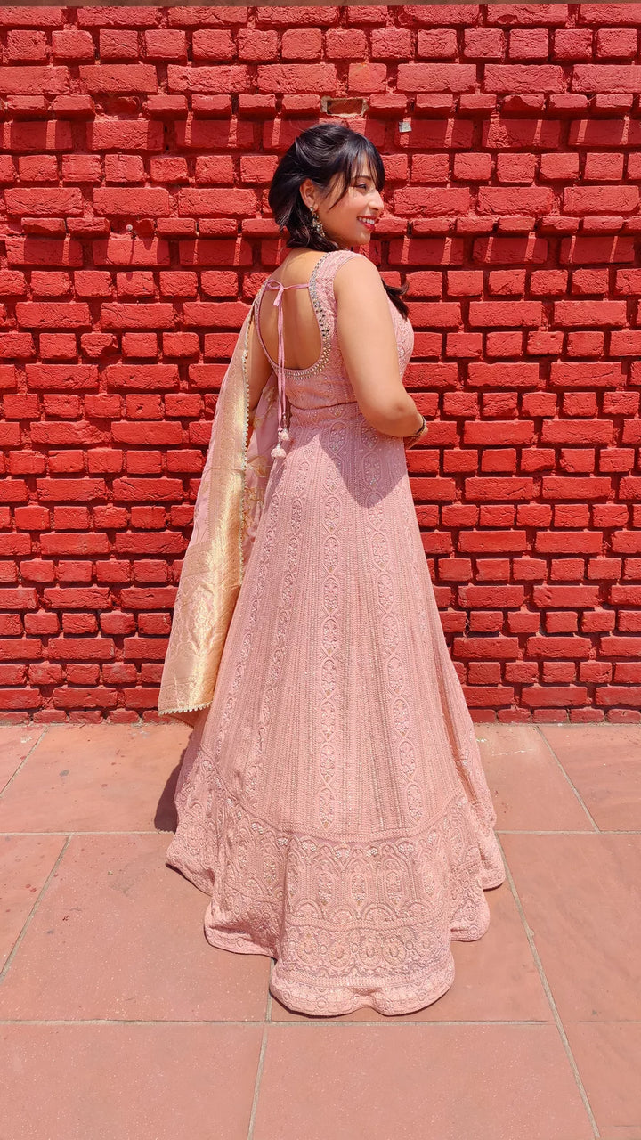Anarkali outfit in peach chikankari