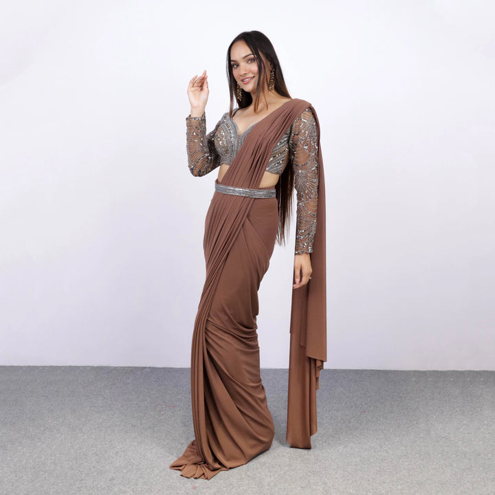 Brown Handwork Drape Saree
