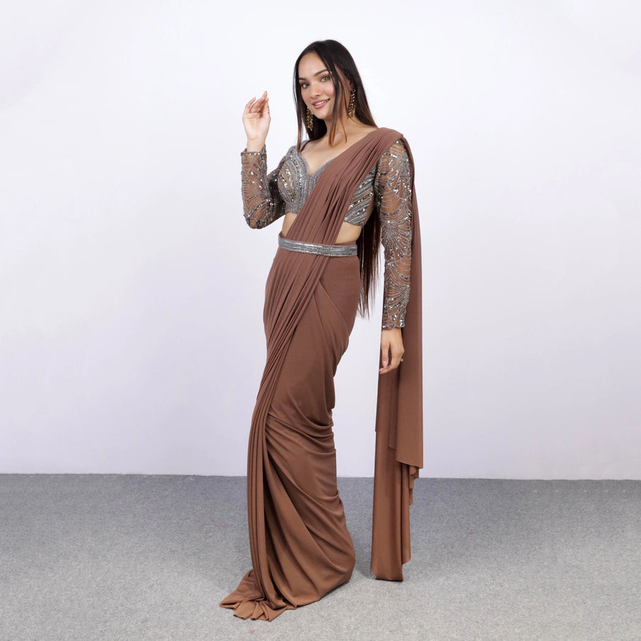 Brown Handwork Drape Saree