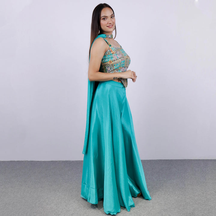 Sea Green Crop Top with Plazzo