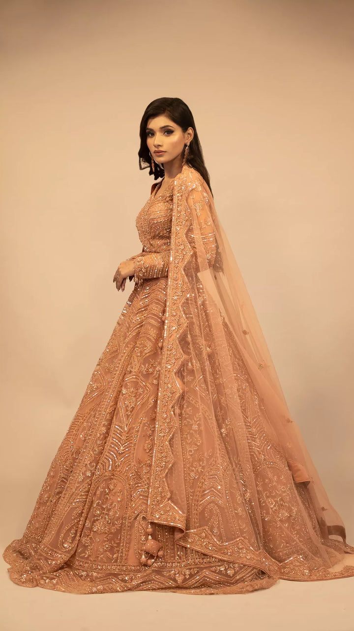 Lehenga in rose gold Indo western heavy crop top
