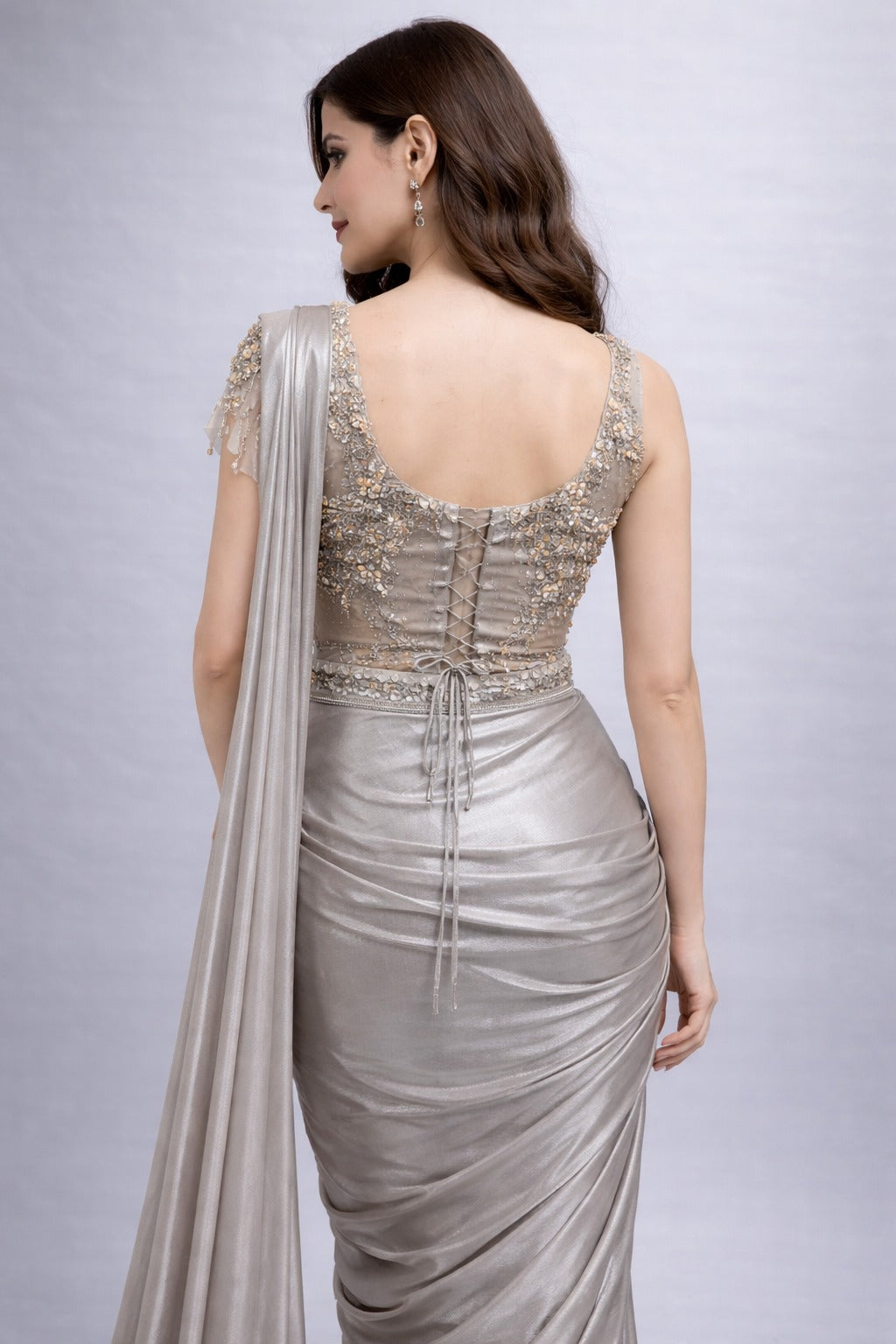 Metallic Silver Pre-Draped Saree