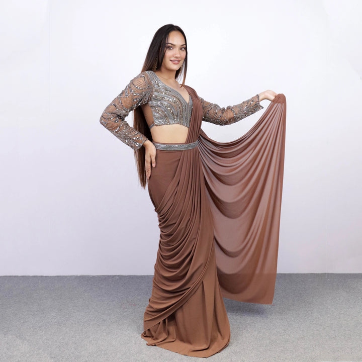 Brown Handwork Drape Saree