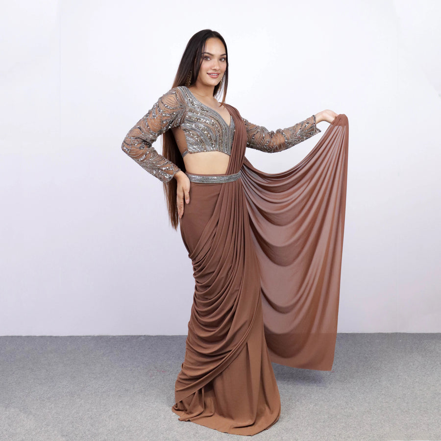 Brown Handwork Drape Saree