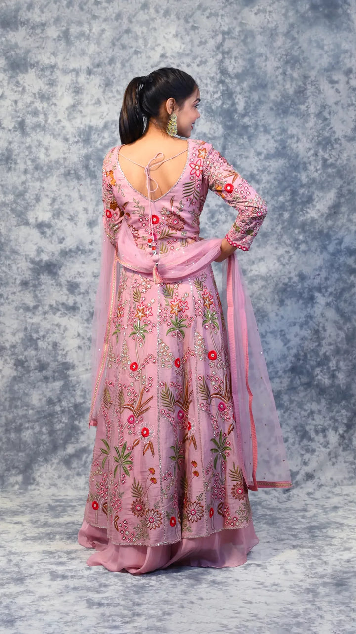Pink Indowestern Anarkali costume in Italian georgette for a party
