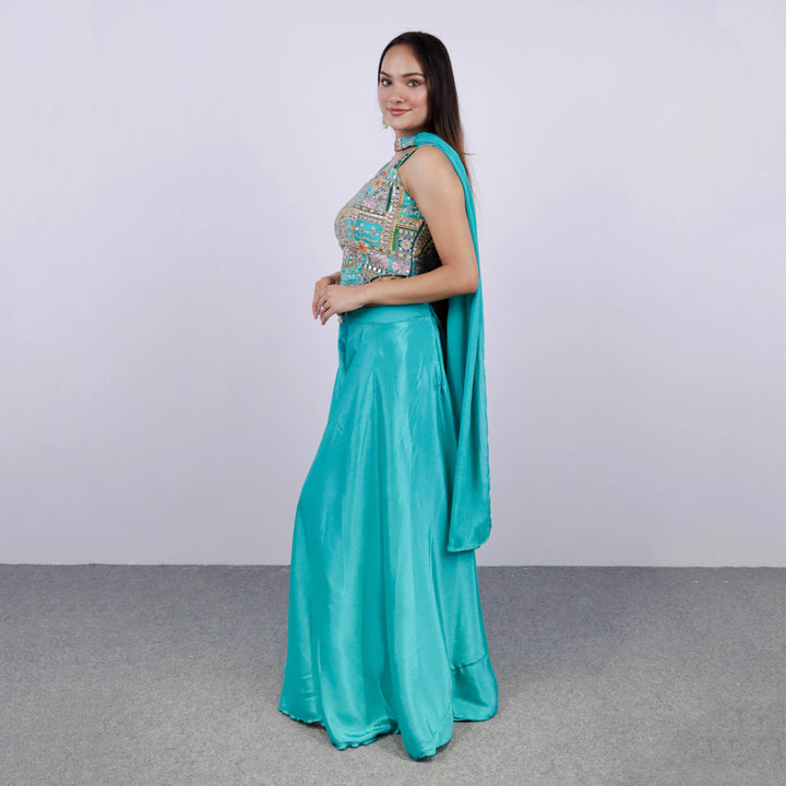 Sea Green Crop Top with Plazzo