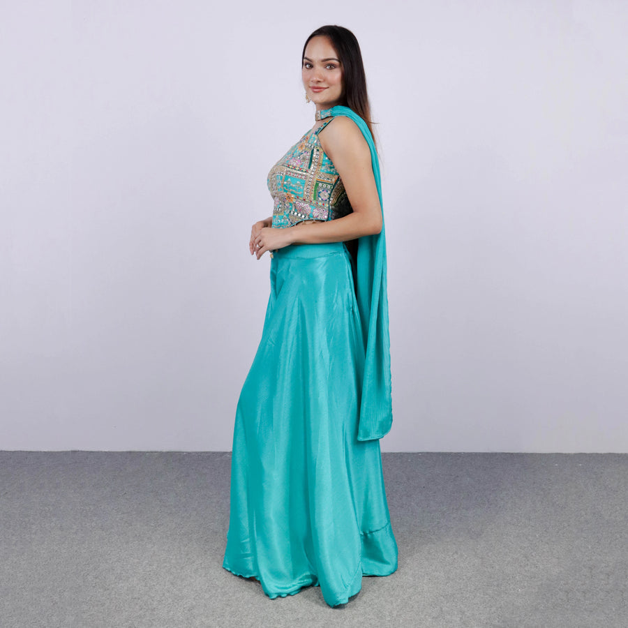 Sea Green Crop Top with Plazzo