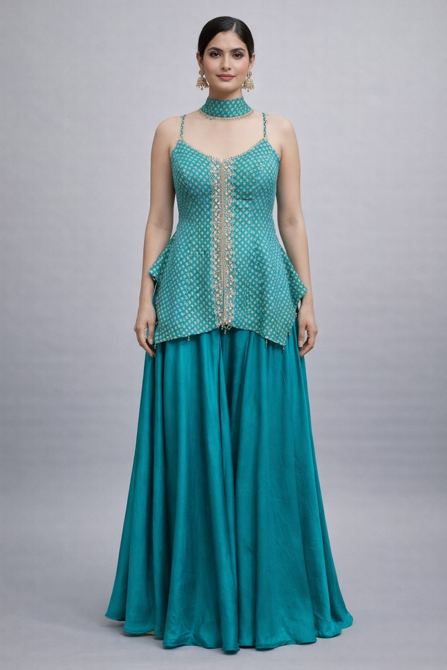Teal Blue Bandhani Print Peplum Sharara Set with Mirror Work & Halter Choker Neck