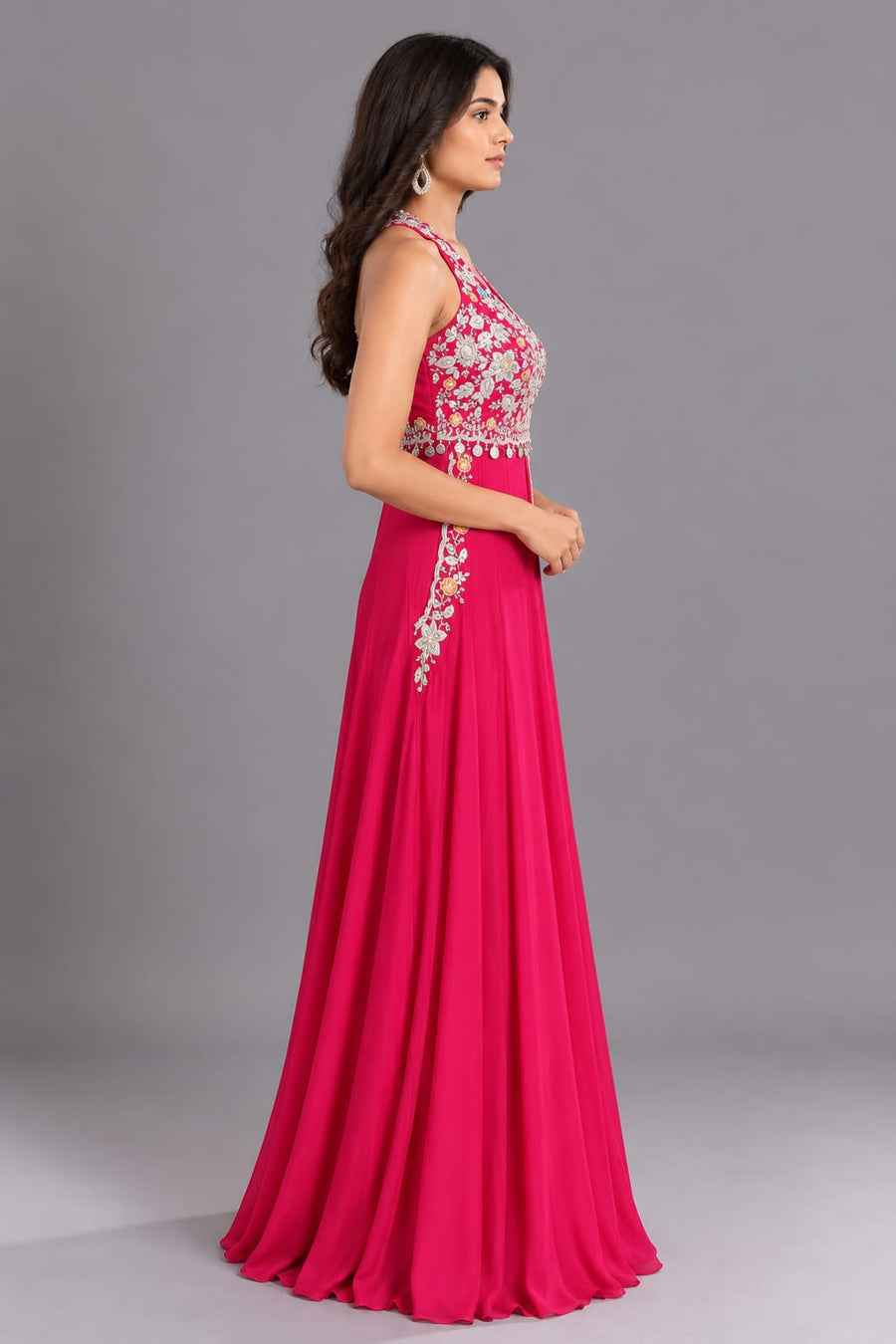 Hot Pink Halter Neck Embroidered Flared Anarkali for Women