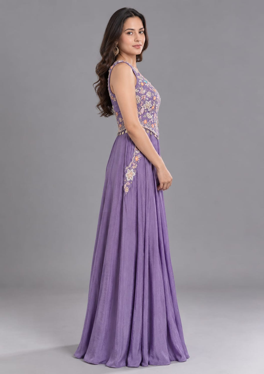 Lavender Floral Embroidered Halter Neck Anarkali