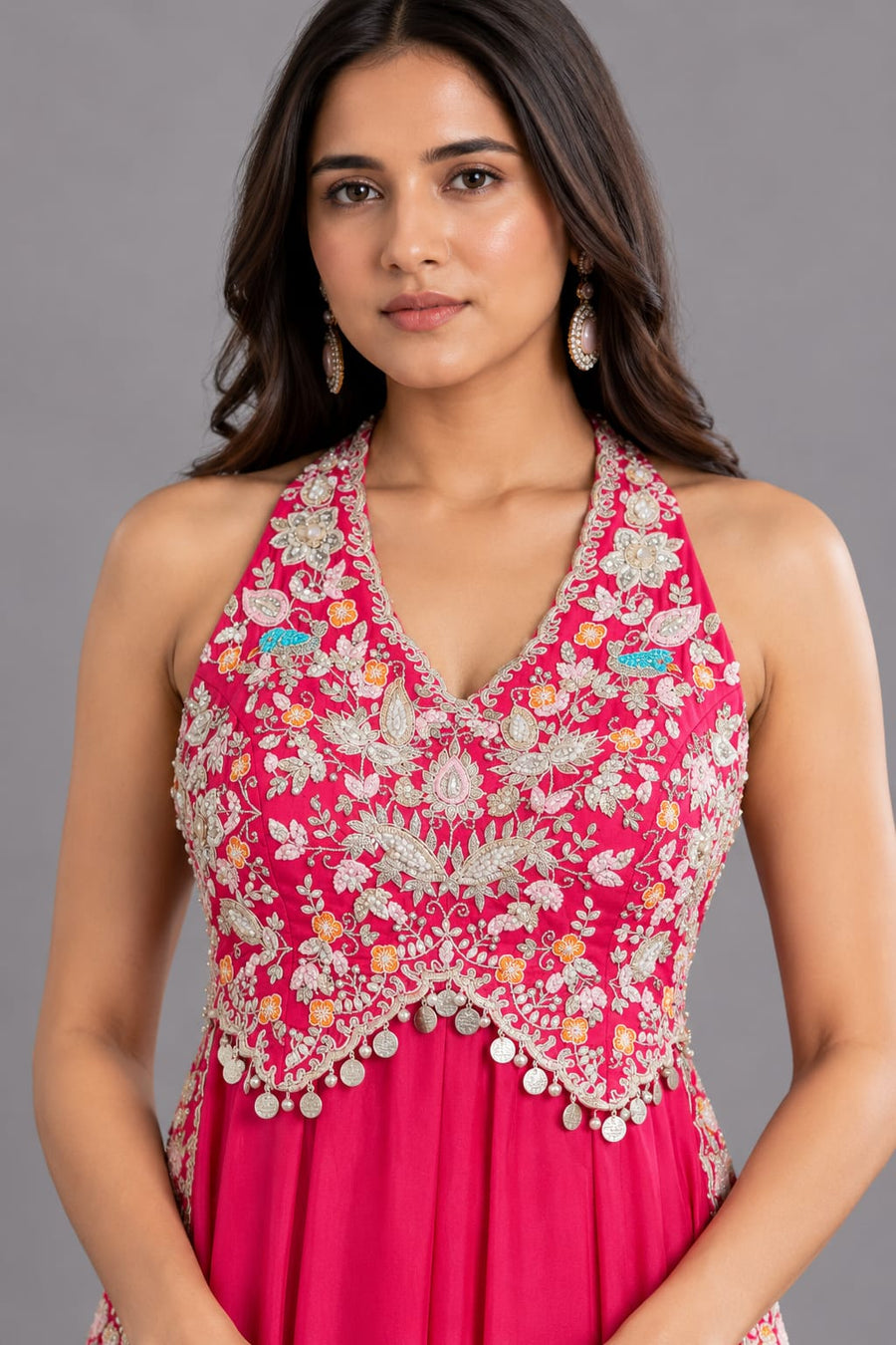 Hot Pink Halter Neck Embroidered Flared Anarkali for Women