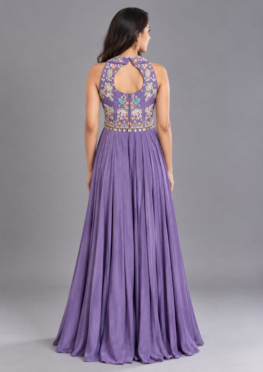 Lavender Floral Embroidered Halter Neck Anarkali